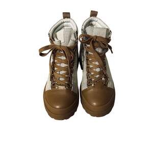Furla Hikaia Beige Tan Leather Canvas Lace Up Ankle Boots Women's EU 37